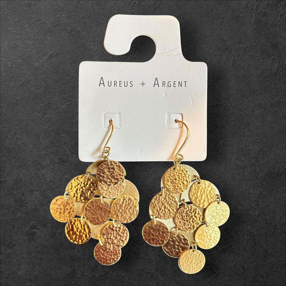 Aureus + Argent Hammered Gold Tone Tiered Disc Chandelier Earrings NEW $75